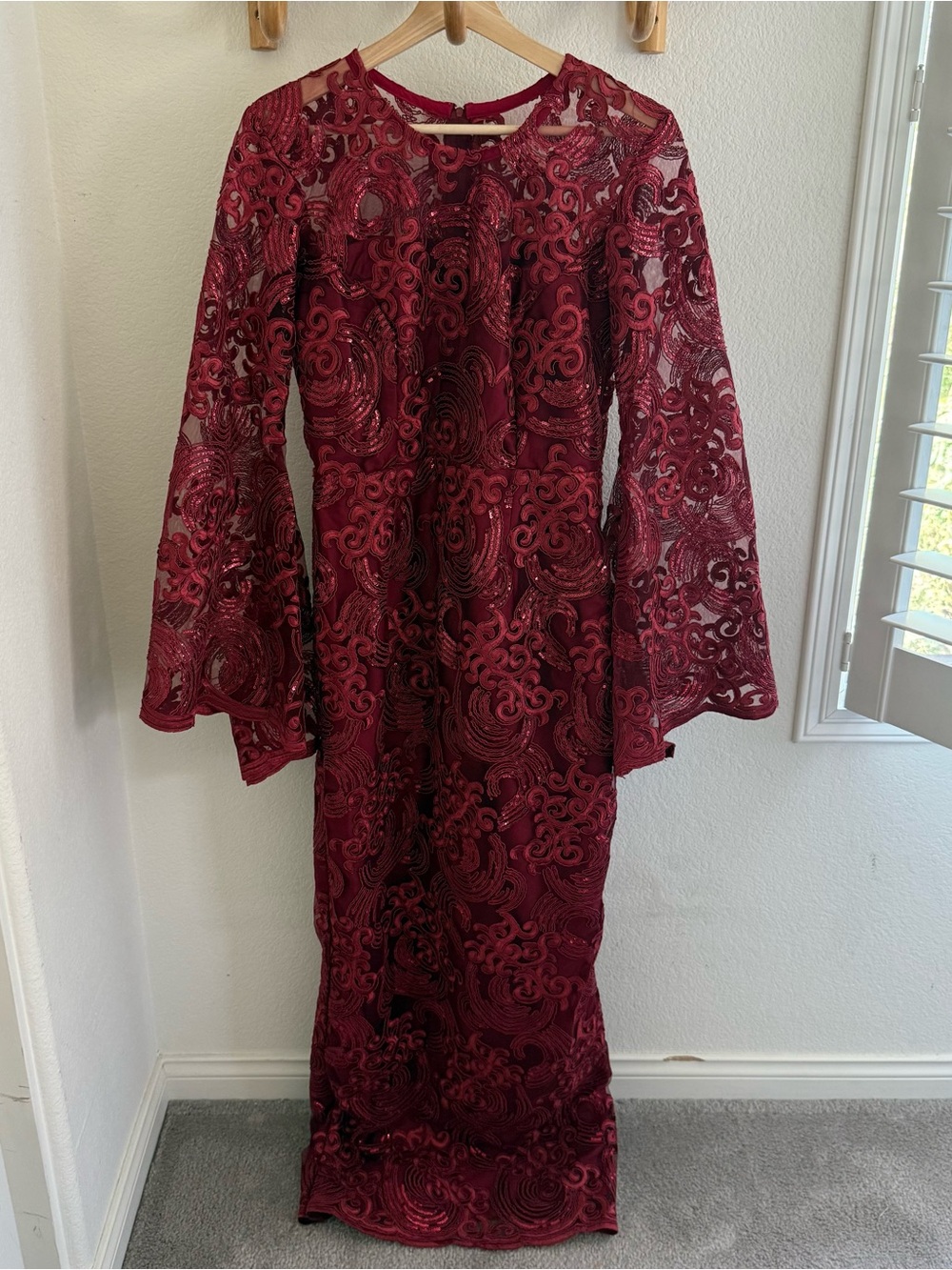 Formal wedding guest party Burgundy lace sequin maxi dress gown bell sleeve